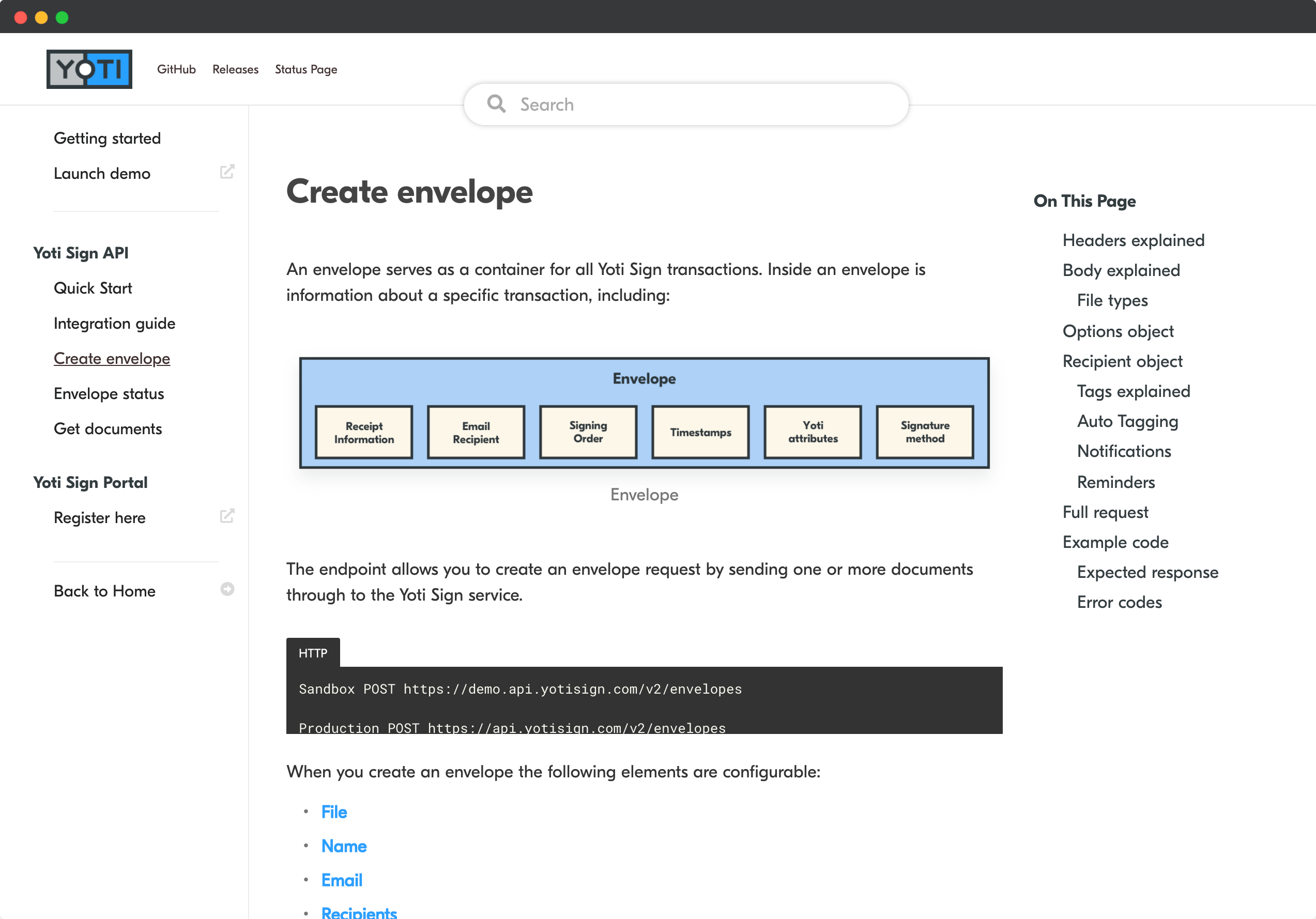Yoti Sign API documentation page on DeveloperHub